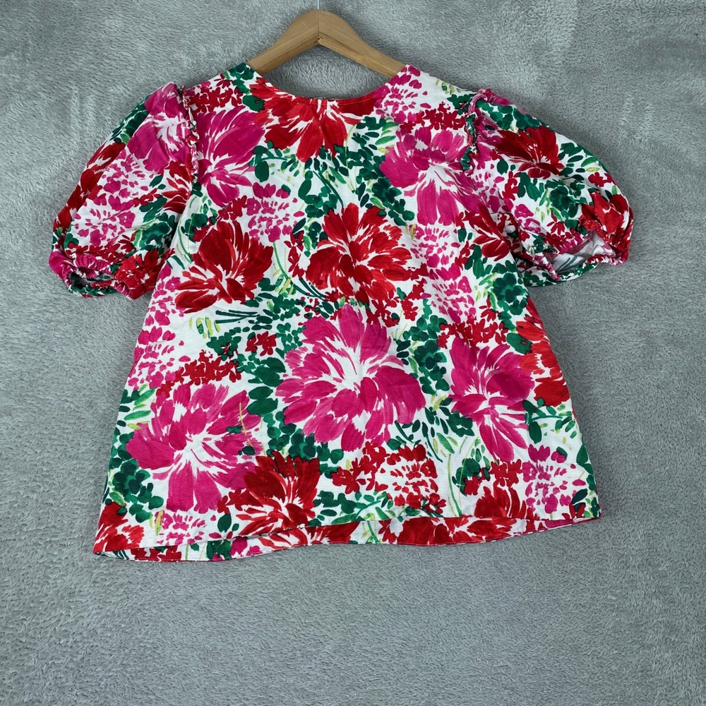 Vineyard Vines Blouse Womens Medium Red Pink Floral Cotton Silk Puff Sleeve